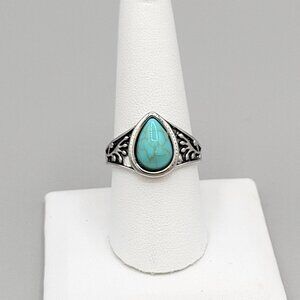 Light Blue Howlite Tear Drop Stone Ring Etched Side Accents Silver Tone